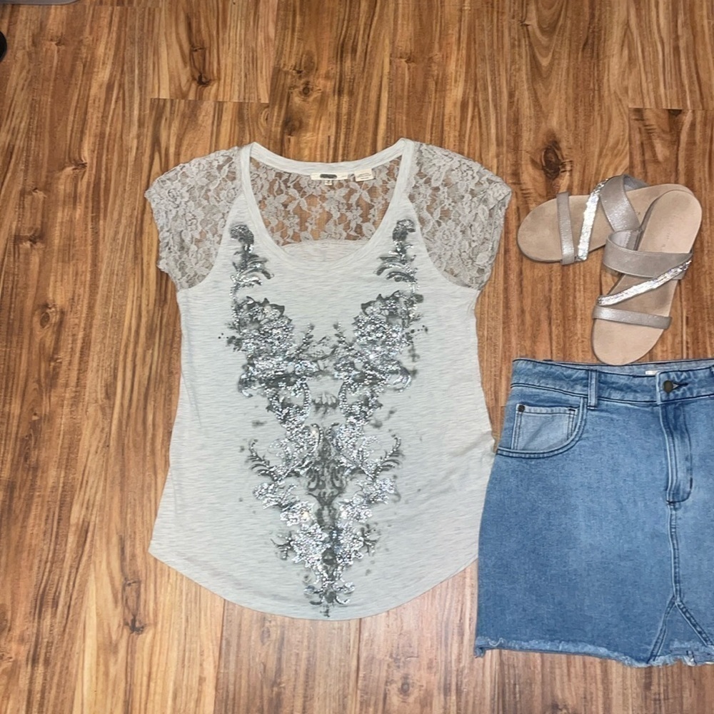 Miss Me Womens Medium top shirt slub knit embellished lace short sleeve graphic - Picture 1 of 8